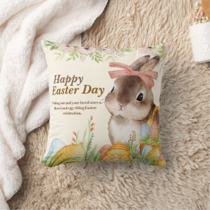 Watercolor Happy Easter Day Floral Bunny with Bow Throw Pillow