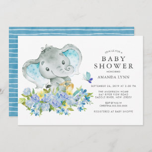 Watercolor Happy Elephant Baby Boy Shower Invitation