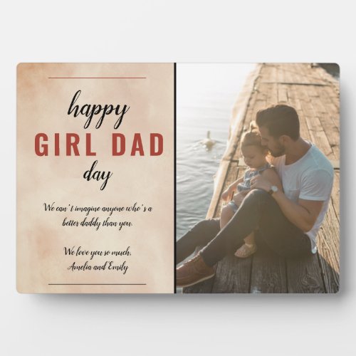 Watercolor Happy Girl Dad Father`s Day Photo   Pla Plaque - Watercolor Happy Girl Dad Father`s Day Photo plaque. Text and names are on a blush orange watercolor background. The text is in trendy typography. Add your photo and customize the message and names. A sweet and cute photo plaque for a #girldad from his daughter for Father`s day.