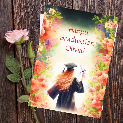 Watercolor Happy Graduation Blonde Girl And Flower Card