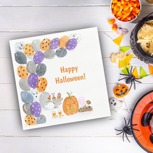 Watercolor Happy Halloween Costume Party Napkins (A cute Halloween Watercolor party design for your Halloween party. Great for School Parties too!)
