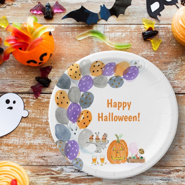 Watercolor Happy Halloween Costume Party Paper Plates (Wonderful colorful Halloween watercolor design for your Halloween party!
)