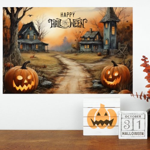 Watercolor Happy Halloween Haunted Farmhouse Poster