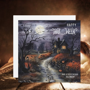 Watercolor Happy Halloween Haunted House Holiday Card