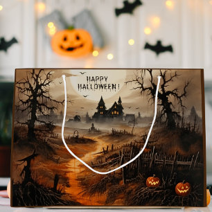 Watercolor Happy Halloween Haunted House Large Gift Bag