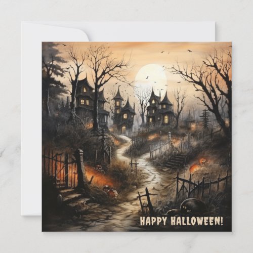 Watercolor Happy Halloween Haunted Village Holiday Card