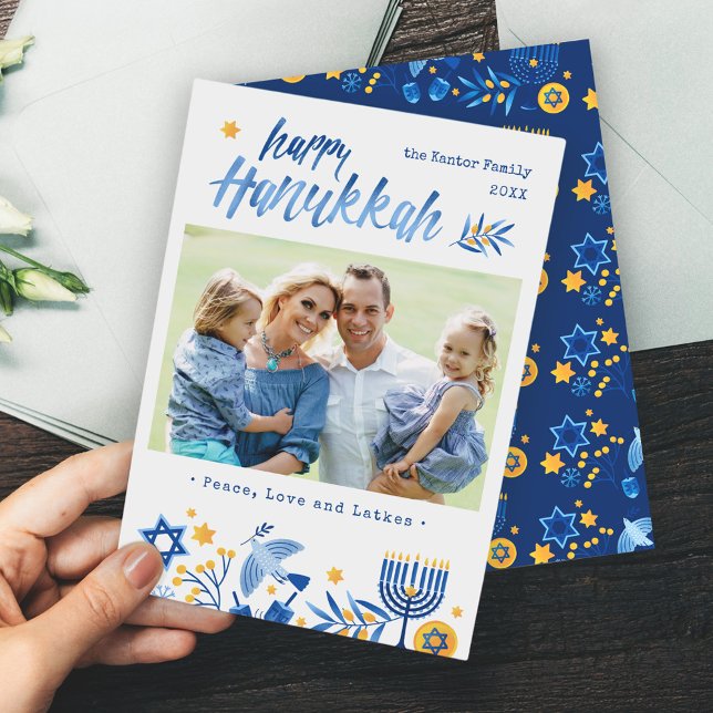 Watercolor Happy Hanukkah Peace Love Latkes Photo Holiday Card (Creator Uploaded)