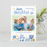 Watercolor Happy Hanukkah Peace Love Latkes Photo Holiday Card<br><div class="desc">Send your Wishes with this Photo Holiday Card that feature a Watercolor Happy Hanukkah Script and Menorah Candles to highlight your greeting message.</div>