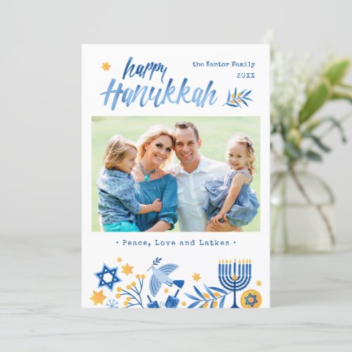 Watercolor Happy Hanukkah Peace Love Latkes Photo Holiday Card