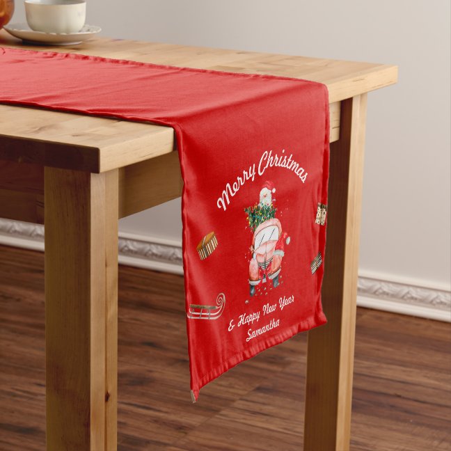 Watercolor Happy new year Christmas gift for wife Medium Table Runner