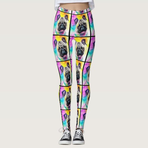 Watercolor happy smile pug puppy colorful leggings