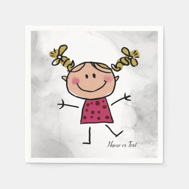 Watercolor Happy Stick Girl Pink Dress Elegant Napkins (Front)