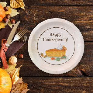 Watercolor Happy Thanksgiving Pumpkin Pie Paper Plates