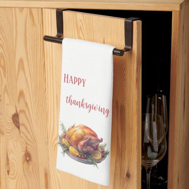 Watercolor Happy Thanksgiving, Roasted turkey gift Kitchen Towel (Thirds Fold)