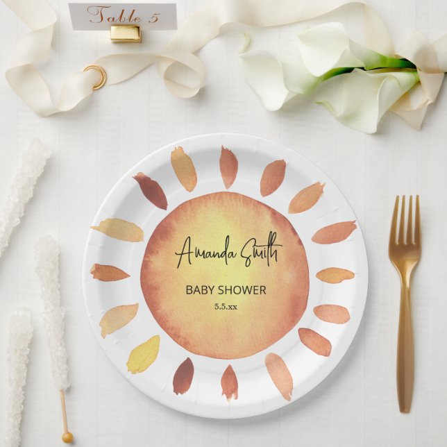 Watercolor Happy Yellow Sun Baby Shower Paper Plates (Wedding)