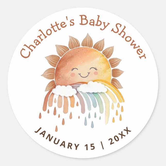 Watercolor Happy Yellow Sunshine Baby Shower Classic Round Sticker (Front)