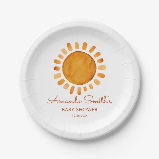 Watercolor Happy Yellow Sunshine Baby Shower  Paper Plates (Front)