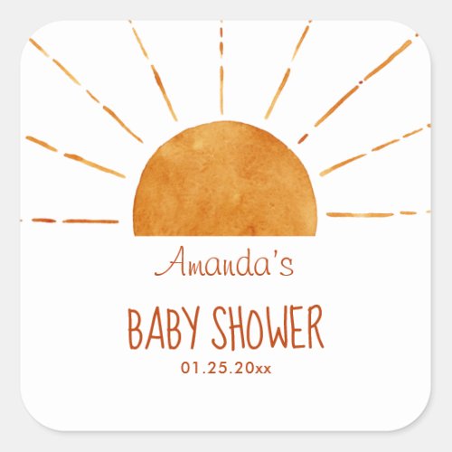 Watercolor Happy Yellow Sunshine Boho Baby Shower Square Sticker