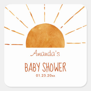 Watercolor Happy Yellow Sunshine Boho Baby Shower Square Sticker