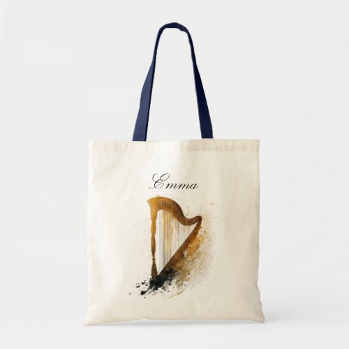 Watercolor Harp and Script Tote Bag