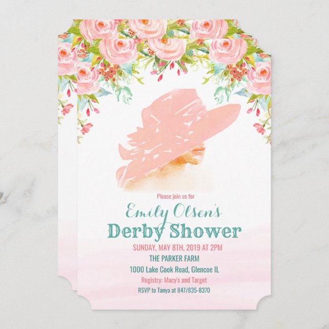 Watercolor Hat Floral Derby Shower Invitation (Front/Back)