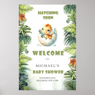 Watercolor hatching soon baby dino welcome sign