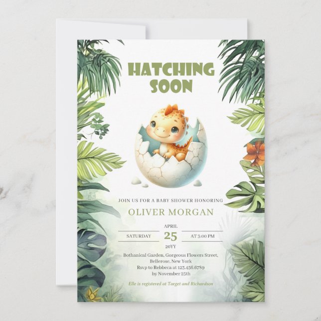 Watercolor hatching soon dinosaur baby shower invitation (Front)
