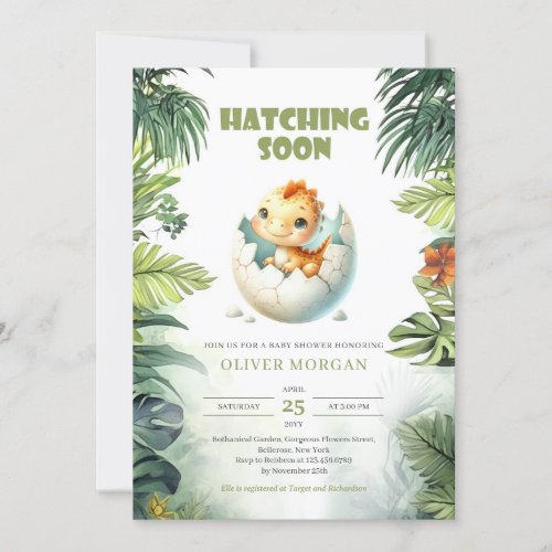 Watercolor hatching soon dinosaur baby shower invitation