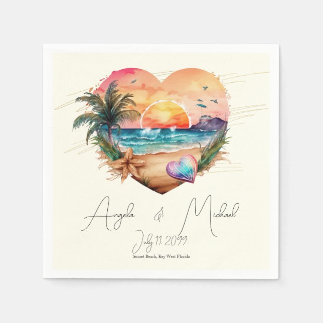 Watercolor Hawaii Beach Sunset Heart Wedding Napkins (Front)