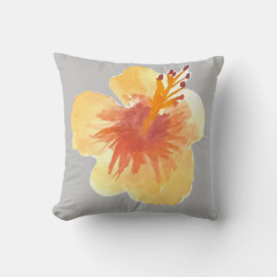 Watercolor Hawaii Hibiscus Yellow and Gray Floral Throw Pillow