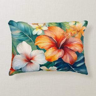 Watercolor Hawaiian Garden Tropical Hibiscus Accent Pillow