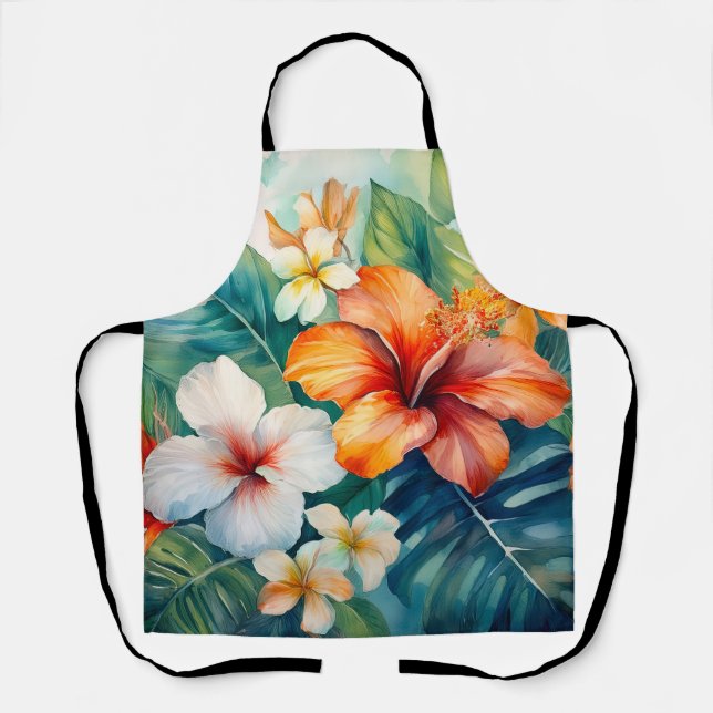 Watercolor Hawaiian Garden Tropical Hibiscus Apron (Front)