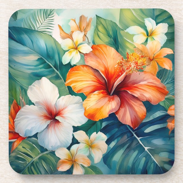 Watercolor Hawaiian Garden Tropical Hibiscus Beverage Coaster (Front)