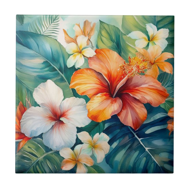 Watercolor Hawaiian Garden Tropical Hibiscus Ceramic Tile (Front)