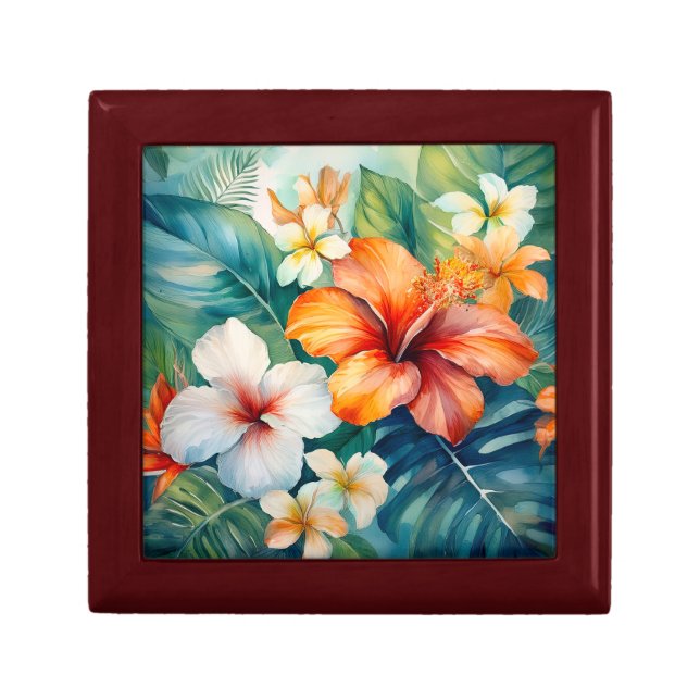 Watercolor Hawaiian Garden Tropical Hibiscus Gift Box (Front)