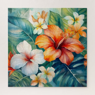 Watercolor Hawaiian Garden Tropical Hibiscus Jigsaw Puzzle