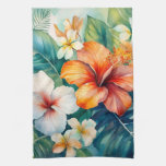 Watercolor Hawaiian Garden Tropical Hibiscus Kitchen Towel