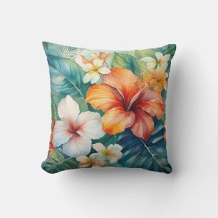 Watercolor Hawaiian Garden Tropical Hibiscus Outdoor Pillow