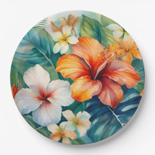 Watercolor Hawaiian Garden Tropical Hibiscus Paper Plates