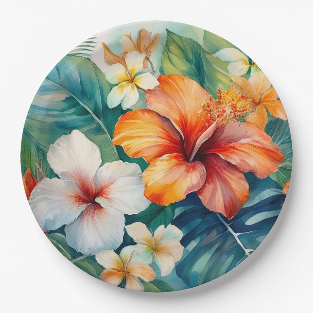Watercolor Hawaiian Garden Tropical Hibiscus Paper Plates (Front)