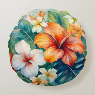 Watercolor Hawaiian Garden Tropical Hibiscus Round Pillow