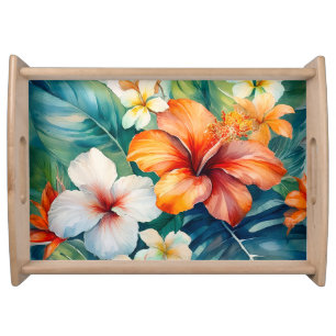 Watercolor Hawaiian Garden Tropical Hibiscus Serving Tray