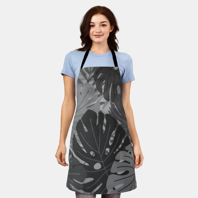 Watercolor Hawaiian Monstera Leaf Tropical - Gray Apron (Worn)