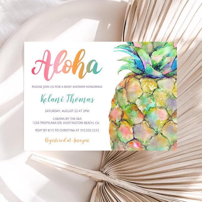 Watercolor Hawaiian Pineapple Aloha Baby Shower Invitation (Creator Uploaded)