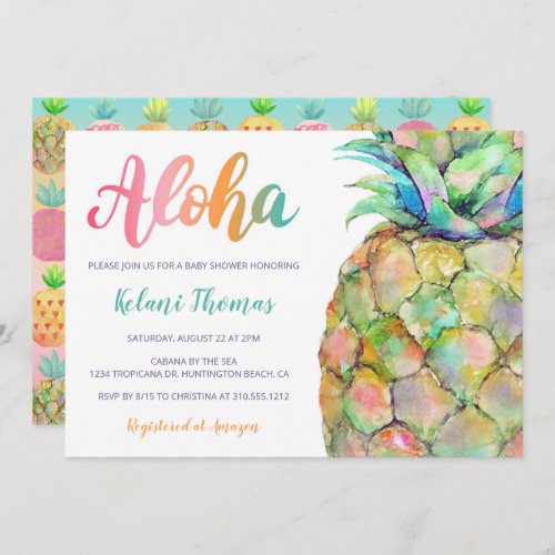 Watercolor Hawaiian Pineapple Aloha Baby Shower Invitation