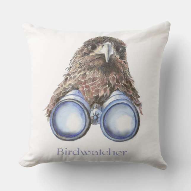 Watercolor Hawk Birdwatcher Bird Fun Outdoor Pillow (Front)