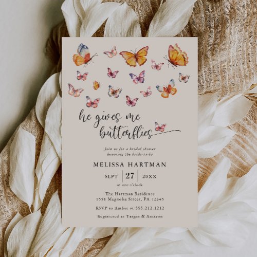 Watercolor He Gives Me Butterflies Bridal Shower Invitation