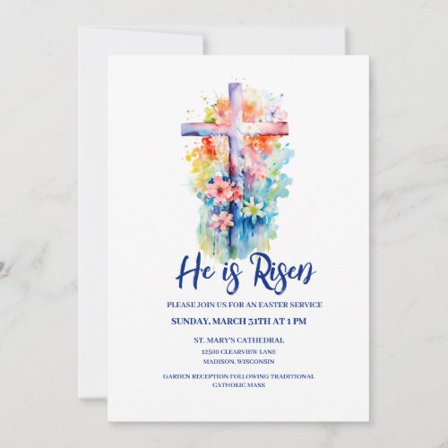 Watercolor He is Risen Religious Easter Floral Invitation
