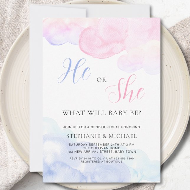 Watercolor He or She Gender Reveal Party Invitation (Creator Uploaded)