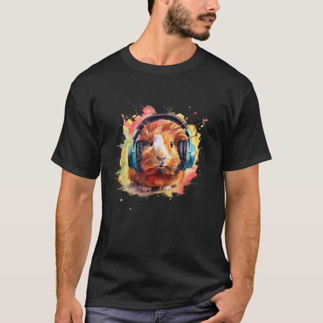 Watercolor Headphones Funny Guinea Pig T-Shirt (Front)